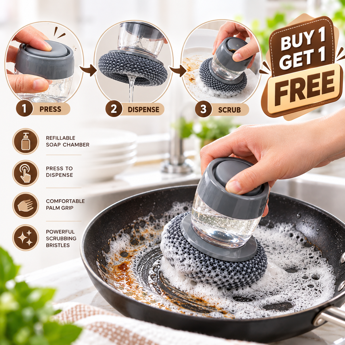 Push Dispenser With Cleaning Brush (Pack Of 2)