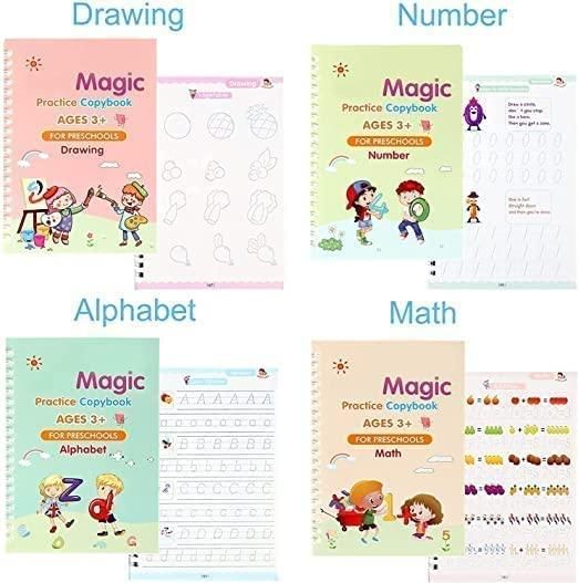 Magic Handwriting Practice Copybook Set (4 Books + Pen + 10 Refills + Grip)