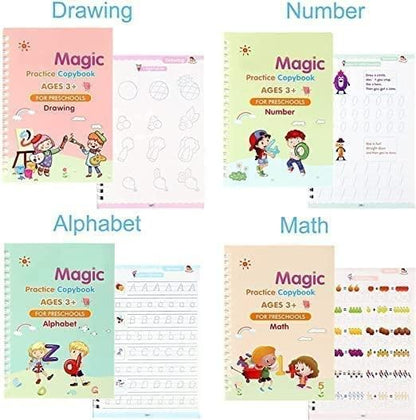 Magic Handwriting Practice Copybook Set (4 Books + Pen + 10 Refills + Grip)