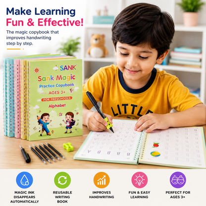 Magic Handwriting Practice Copybook Set (4 Books + Pen + 10 Refills + Grip)