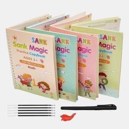 Magic Handwriting Practice Copybook Set (4 Books + Pen + 10 Refills + Grip)