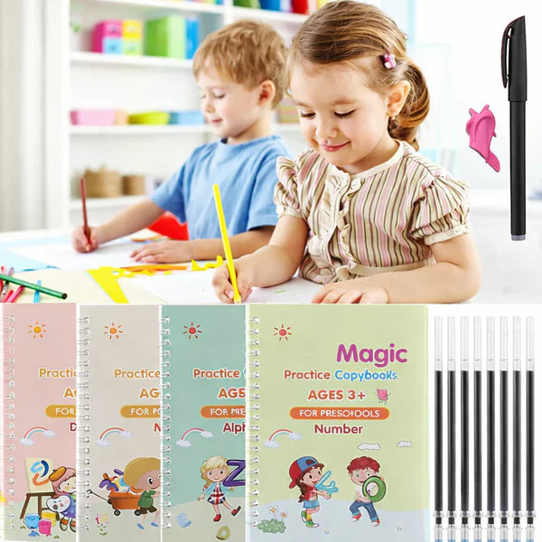 Magic Handwriting Practice Copybook Set (4 Books + Pen + 10 Refills + Grip)