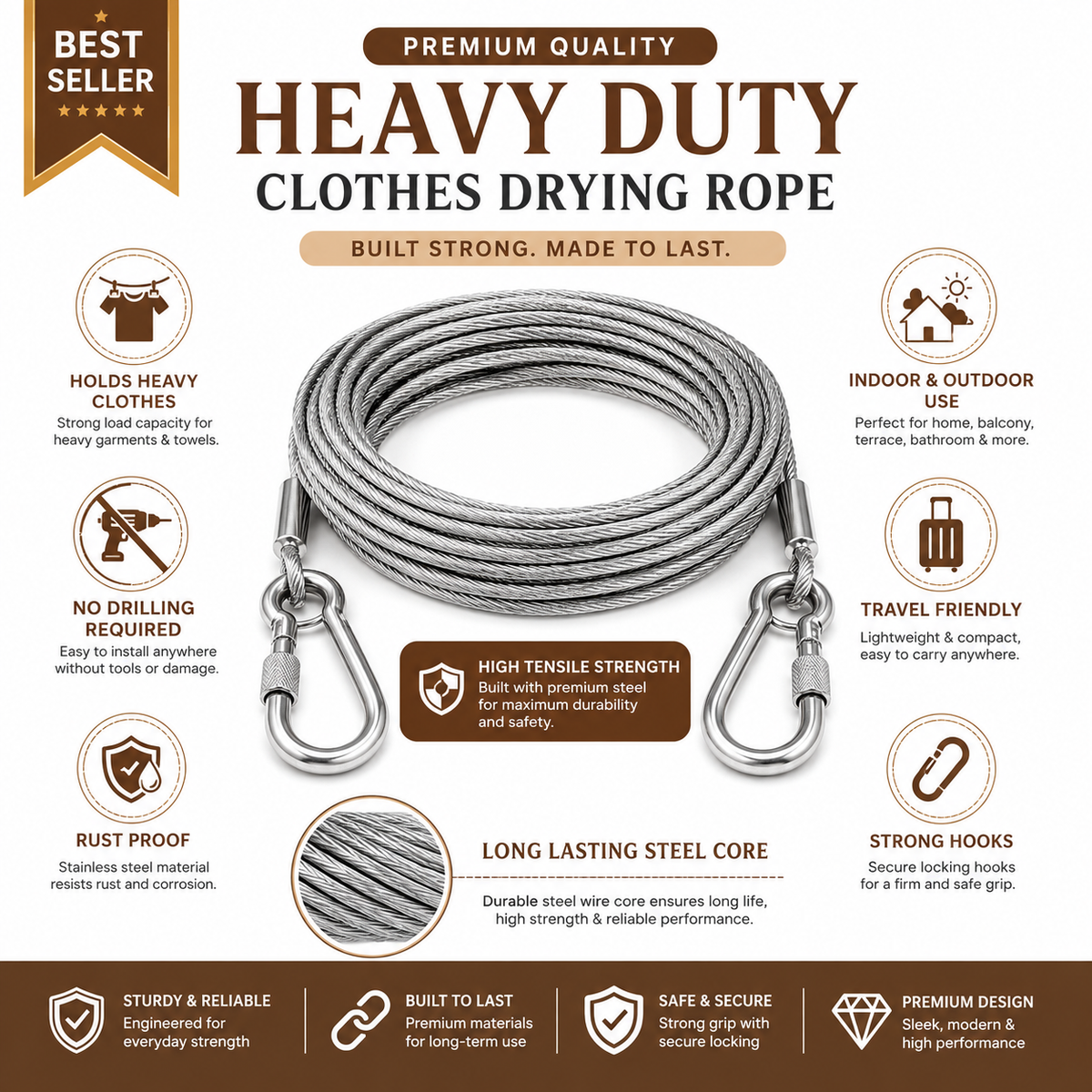 🔥 ✨ SteelDry Pro™ – Heavy Duty Stainless Steel Clothes Drying Rope