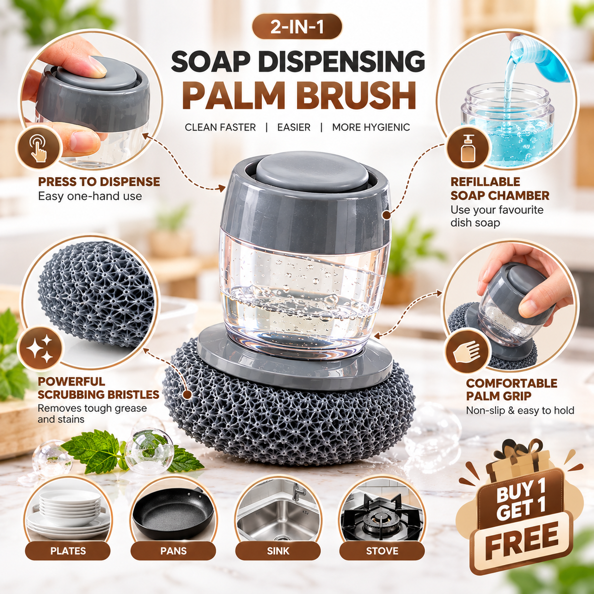 Push Dispenser With Cleaning Brush (Pack Of 2)
