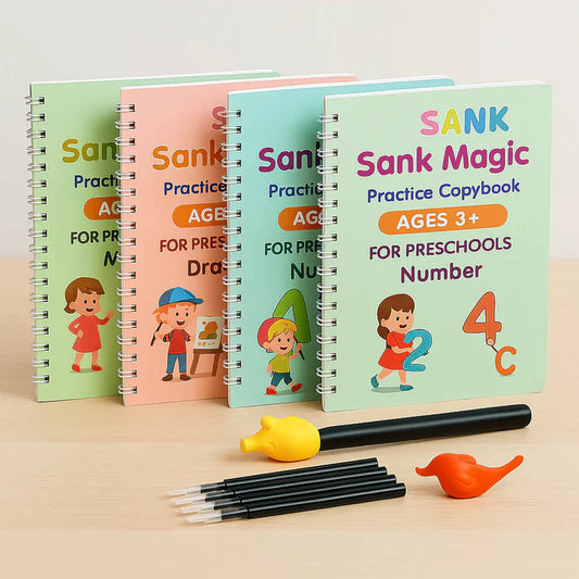 Magic Handwriting Practice Copybook Set (4 Books + Pen + 10 Refills + Grip)