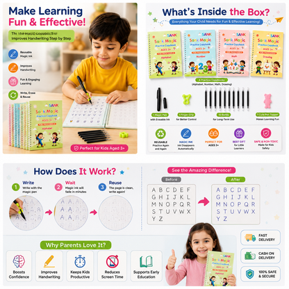 Magic Handwriting Practice Copybook Set (4 Books + Pen + 10 Refills + Grip)